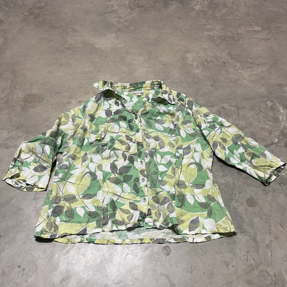 JM Collection Woman Green White Leaf Print 100% Linen Button Down Shirt 18W